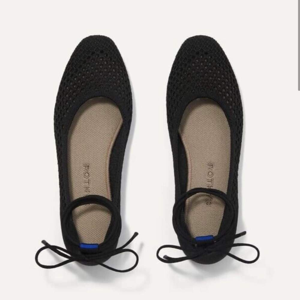 Rothy’s The Square Wrap in Black Mesh Ballet Flat With Ankle Ties Knit Size 8